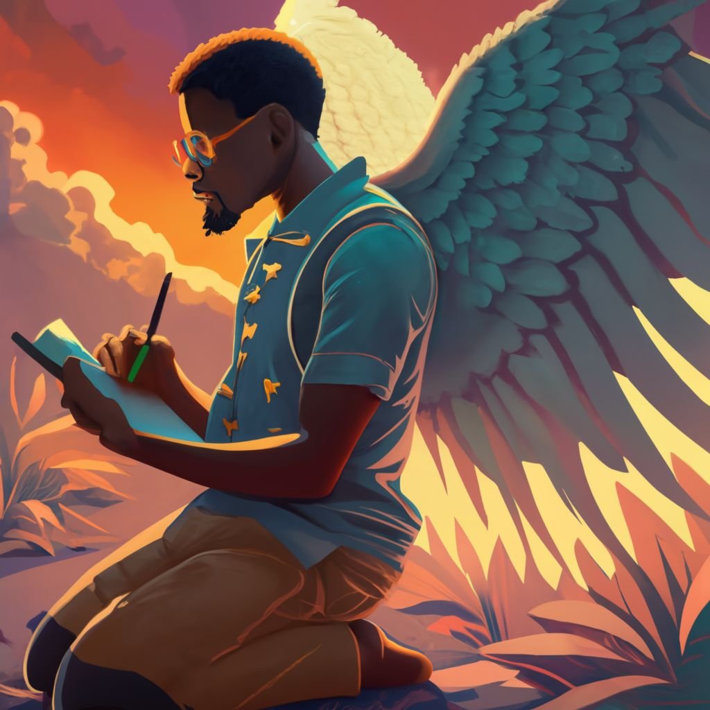 illustrate a chrisian man of color kneeling pray