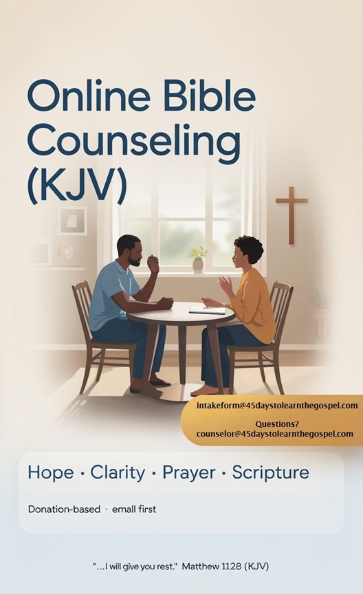 Two people in conversation for online Bible counseling (KJV), cross on wall, hopeful