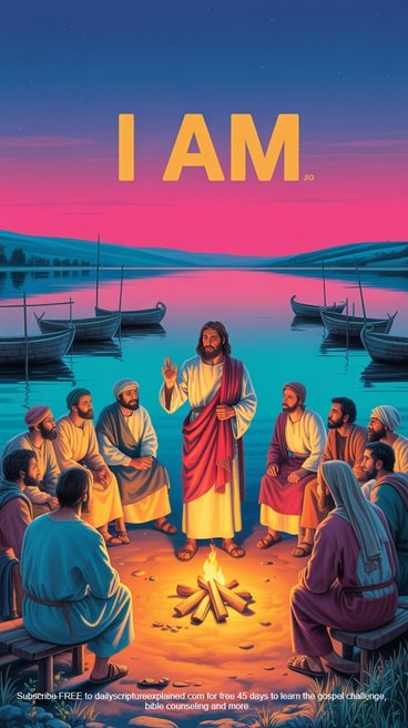 “Jesus tells His disciples ‘I AM’ by the fire at night, calm sea behind them.”
